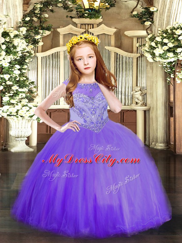 Lavender Ball Gowns Tulle Scoop Sleeveless Beading Floor Length Zipper Kids Formal Wear