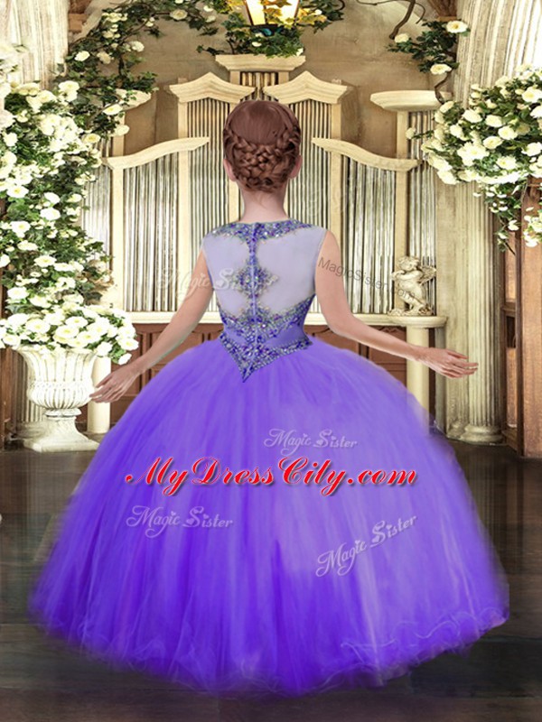 Lavender Ball Gowns Tulle Scoop Sleeveless Beading Floor Length Zipper Kids Formal Wear