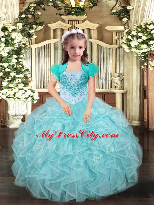 Latest Floor Length Lace Up Kids Pageant Dress Aqua Blue and Apple Green for Party and Sweet 16 and Quinceanera and Wedding Party with Beading and Ruffles