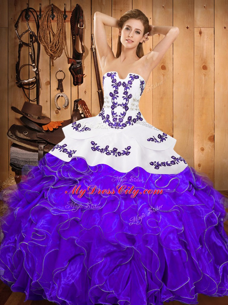 Custom Designed White And Purple Sleeveless Embroidery and Ruffles Floor Length 15th Birthday Dress