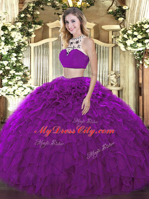 Edgy Purple Tulle Backless Ball Gown Prom Dress Sleeveless Floor Length Beading and Ruffles