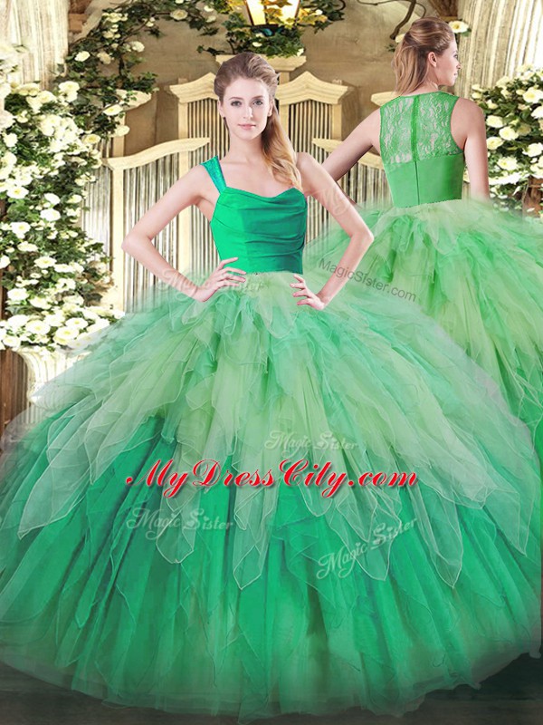 Admirable Multi-color Organza Zipper Straps Sleeveless Floor Length 15th Birthday Dress Ruffles