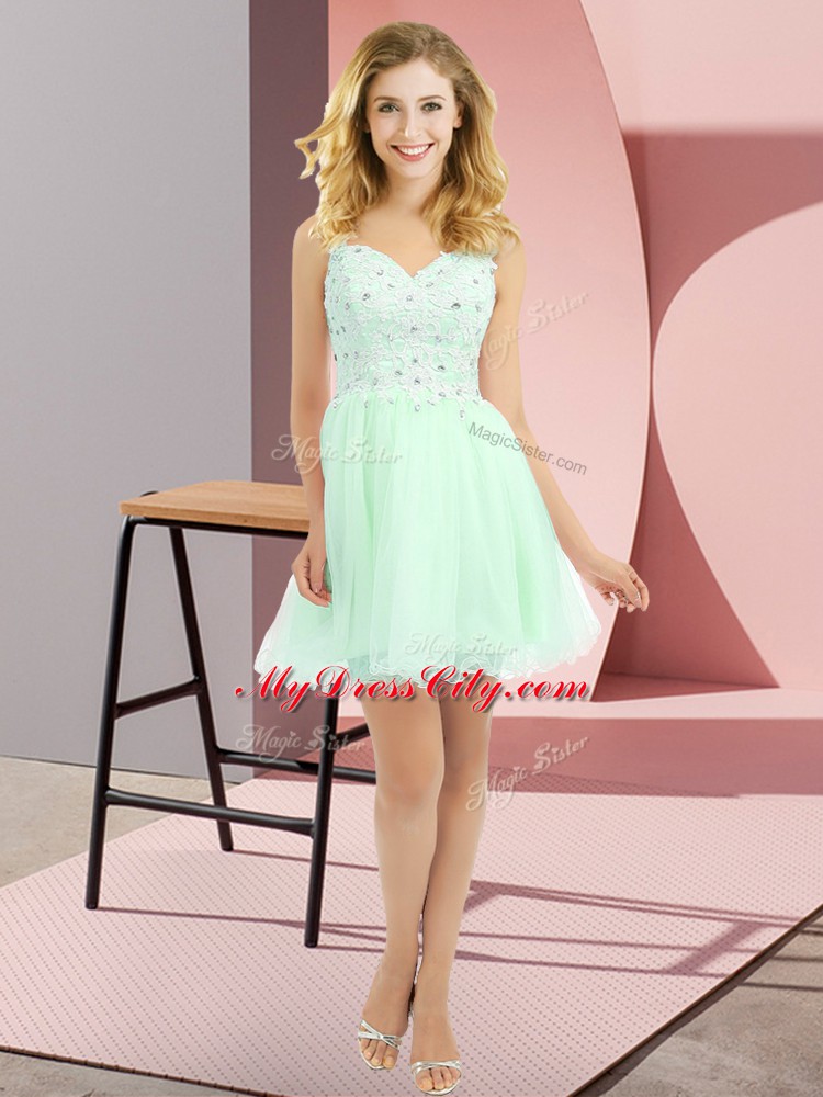 Beading and Lace Wedding Guest Dresses Apple Green Side Zipper Sleeveless Mini Length