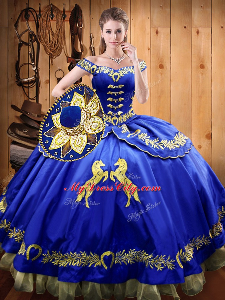 Sweet Satin and Organza Off The Shoulder Sleeveless Lace Up Beading and Embroidery Quinceanera Dresses in Royal Blue