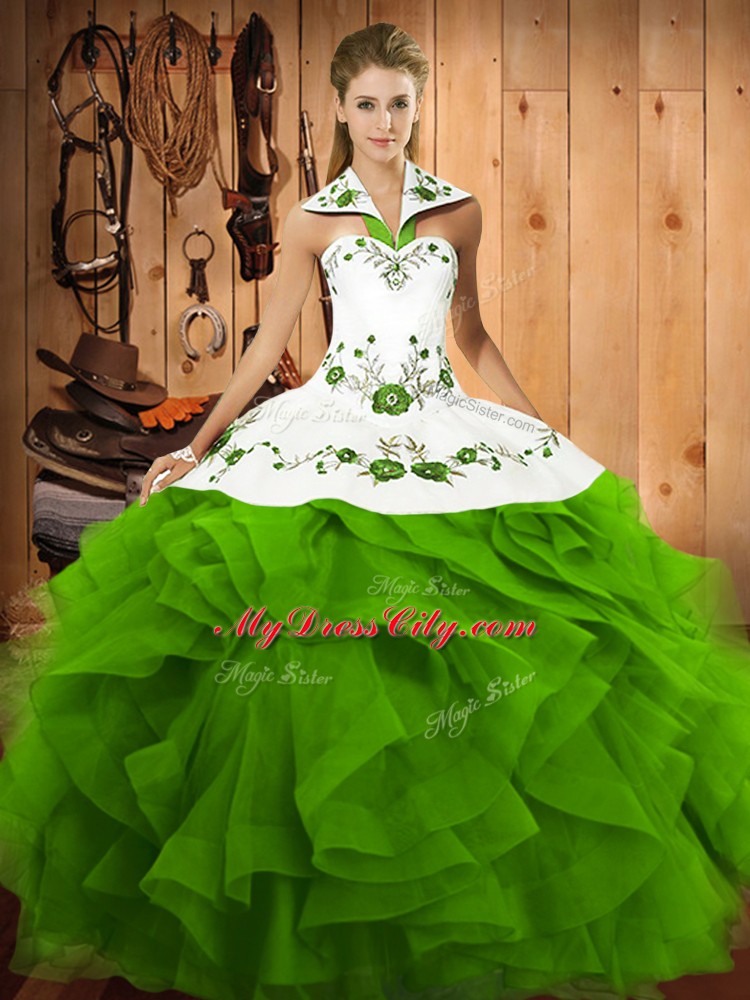 Fantastic Sleeveless Floor Length Embroidery and Ruffles Lace Up Sweet 16 Dresses with