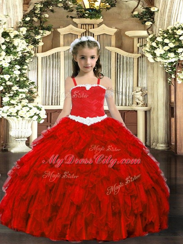 Hot Selling Straps Sleeveless Kids Formal Wear Floor Length Appliques and Ruffles Wine Red Organza