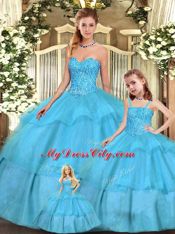 Attractive Sweetheart Sleeveless Lace Up Ball Gown Prom Dress Aqua Blue Organza