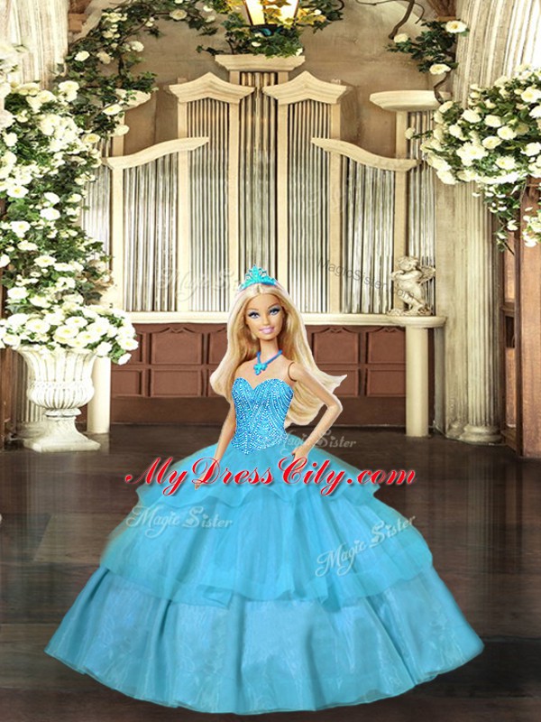 Attractive Sweetheart Sleeveless Lace Up Ball Gown Prom Dress Aqua Blue Organza