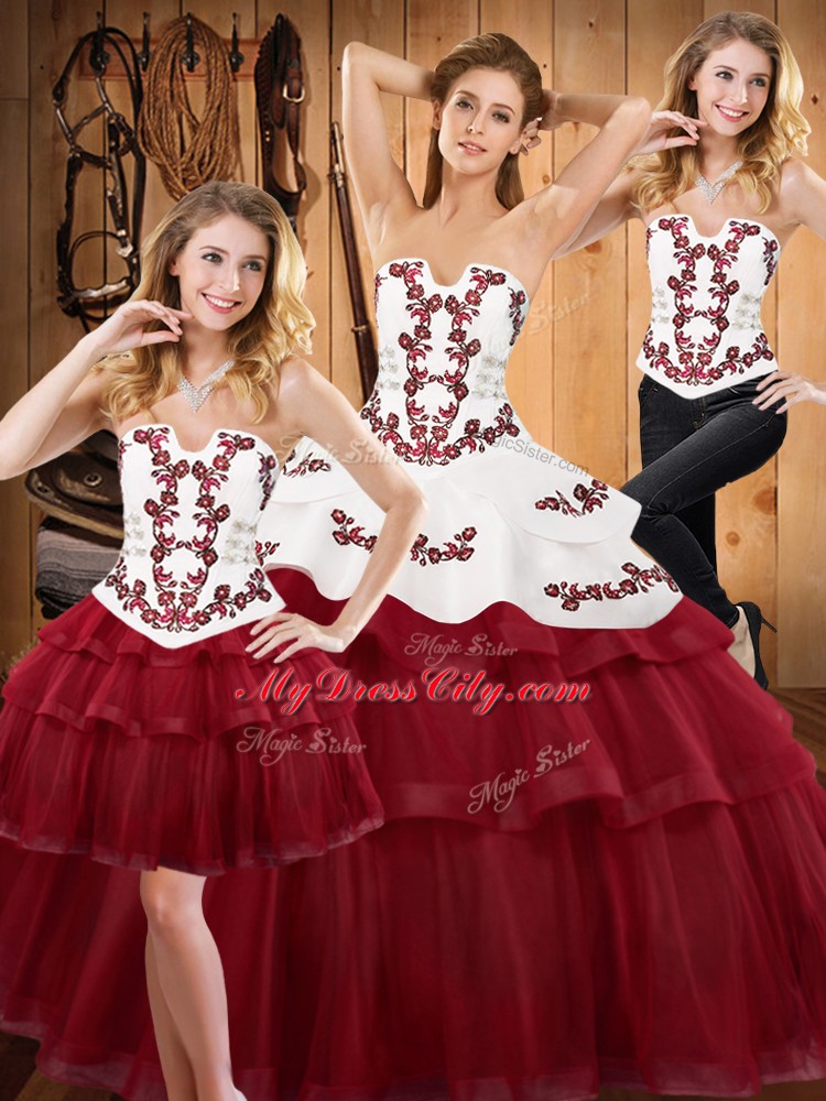 Noble Burgundy Lace Up 15th Birthday Dress Embroidery and Ruffled Layers Sleeveless Sweep Train