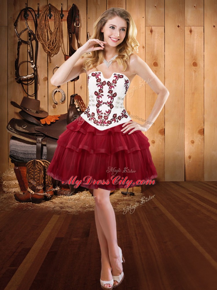 Noble Burgundy Lace Up 15th Birthday Dress Embroidery and Ruffled Layers Sleeveless Sweep Train