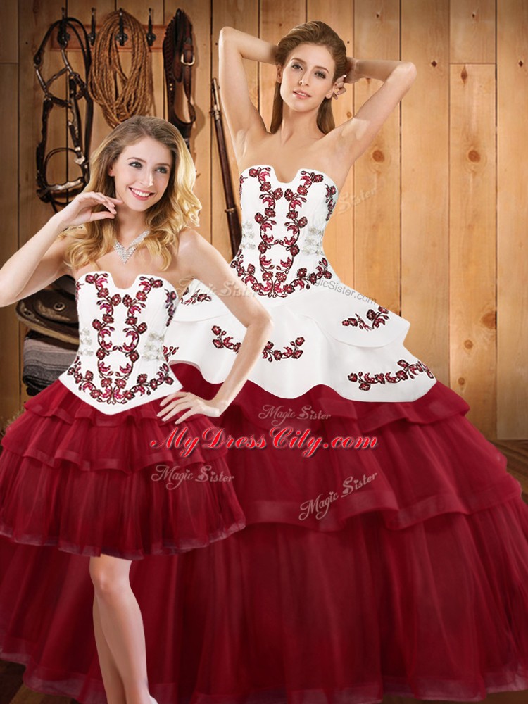 Noble Burgundy Lace Up 15th Birthday Dress Embroidery and Ruffled Layers Sleeveless Sweep Train