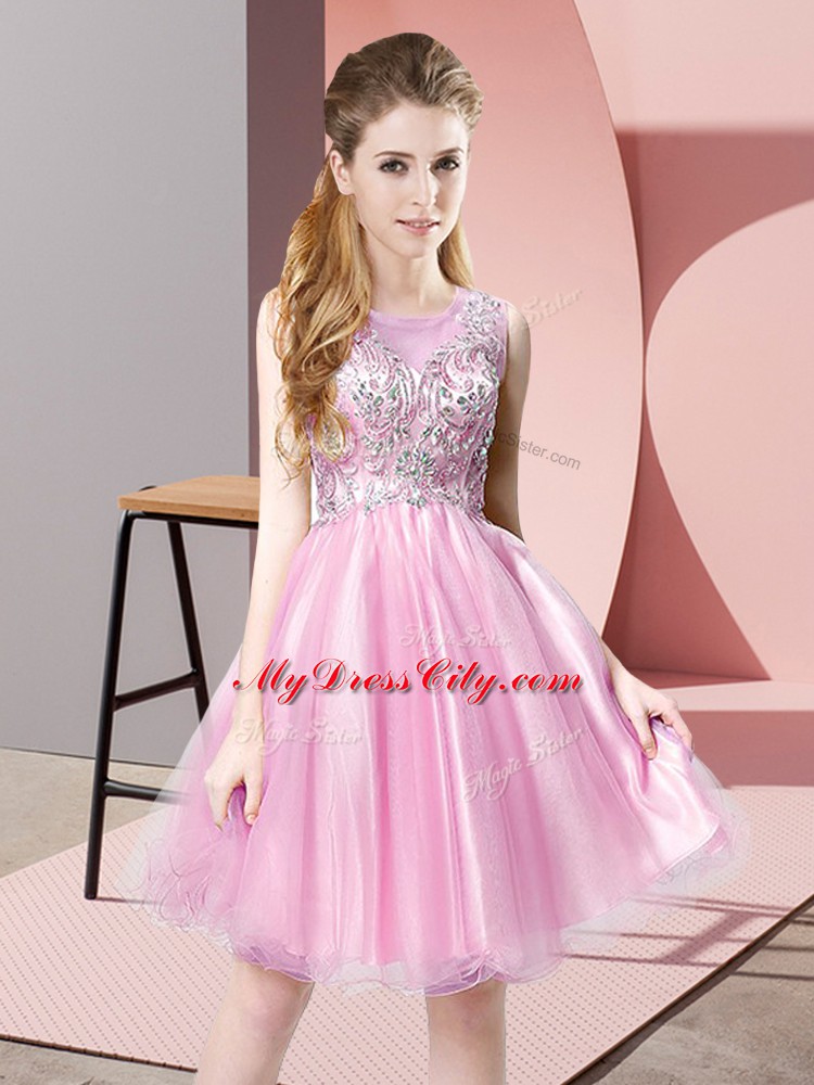 Elegant Rose Pink Zipper Scoop Beading Prom Gown Tulle Sleeveless