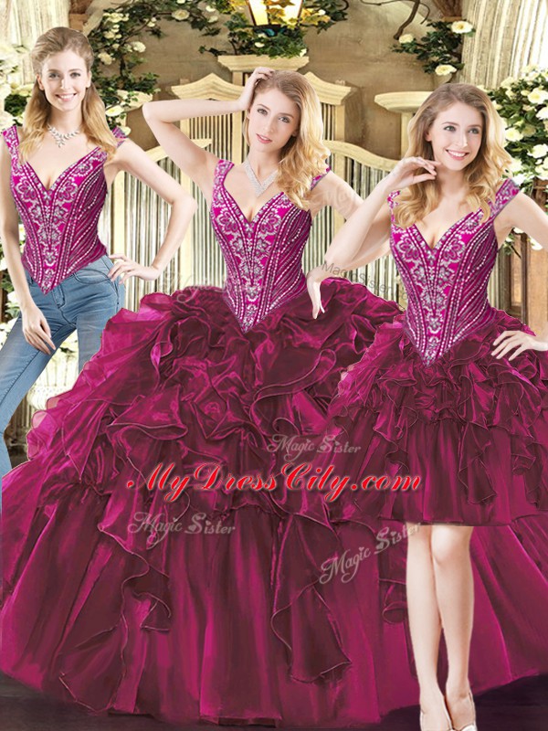 Luxury V-neck Sleeveless Sweet 16 Dress Floor Length Beading and Ruffles Fuchsia Organza