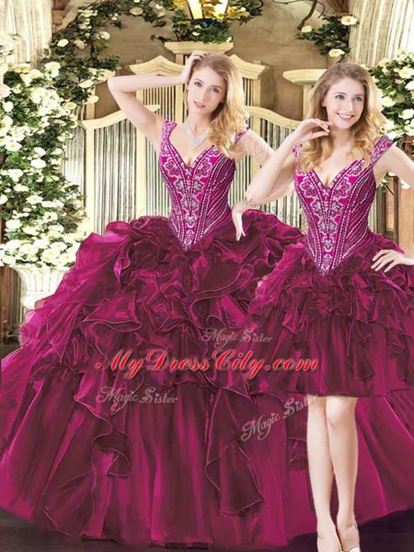 Luxury V-neck Sleeveless Sweet 16 Dress Floor Length Beading and Ruffles Fuchsia Organza