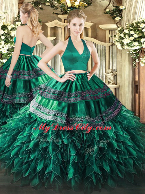 Dark Green Organza Zipper 15 Quinceanera Dress Sleeveless Floor Length Appliques and Ruffles