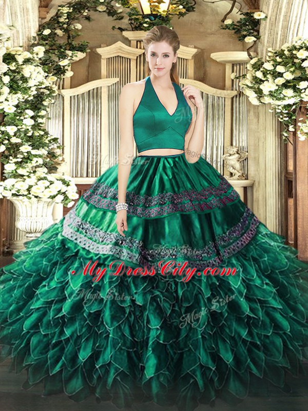 Dark Green Organza Zipper 15 Quinceanera Dress Sleeveless Floor Length Appliques and Ruffles