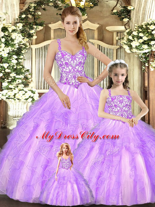 Sleeveless Floor Length Beading and Ruffles Lace Up Sweet 16 Quinceanera Dress with Lilac