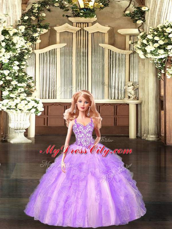 Sleeveless Floor Length Beading and Ruffles Lace Up Sweet 16 Quinceanera Dress with Lilac