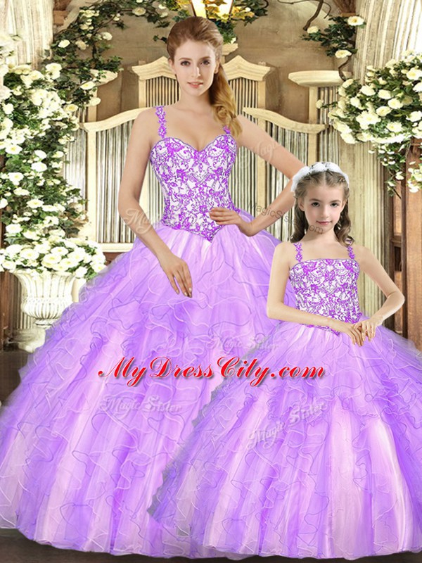 Sleeveless Floor Length Beading and Ruffles Lace Up Sweet 16 Quinceanera Dress with Lilac