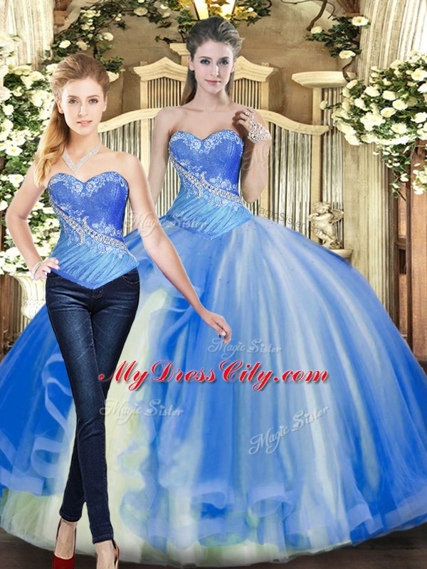 Smart Baby Blue Sleeveless Tulle Lace Up Quince Ball Gowns