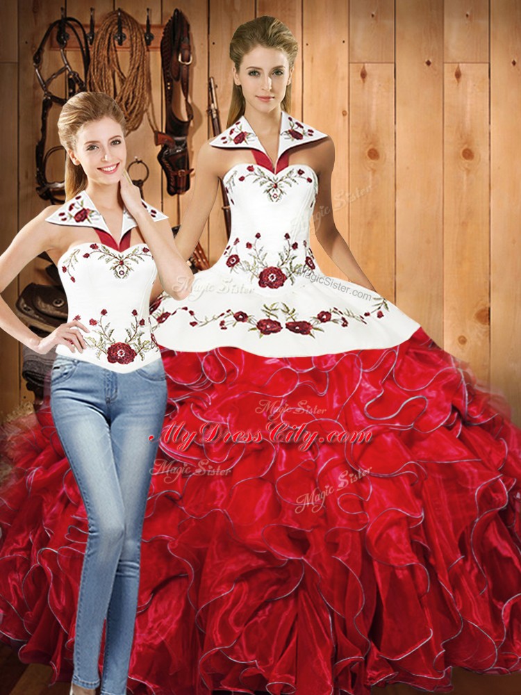 Customized Sleeveless Floor Length Embroidery and Ruffles Lace Up Sweet 16 Dress with White And Red