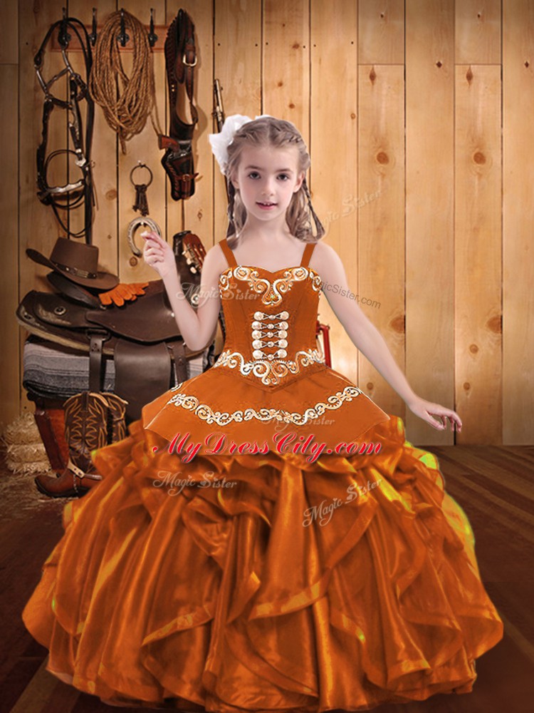 Embroidery and Ruffles Little Girl Pageant Gowns Orange Lace Up Sleeveless Floor Length