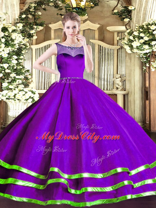 Discount Purple Organza Zipper Scoop Sleeveless Floor Length Ball Gown Prom Dress Beading and Ruffled Layers