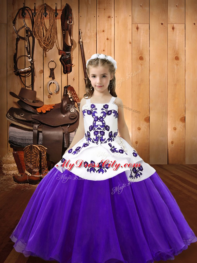 Cute Purple Straps Lace Up Embroidery Little Girls Pageant Gowns Sleeveless