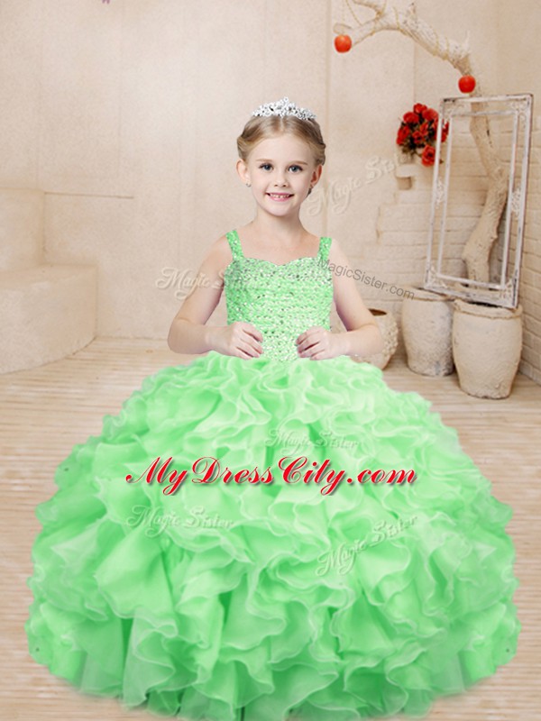 Charming Floor Length Apple Green Pageant Gowns For Girls Organza Sleeveless Beading and Ruffles