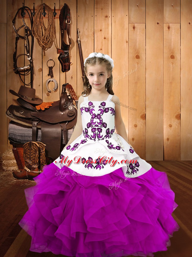 Fuchsia Ball Gowns Embroidery and Ruffles Little Girl Pageant Dress Lace Up Organza Sleeveless Floor Length