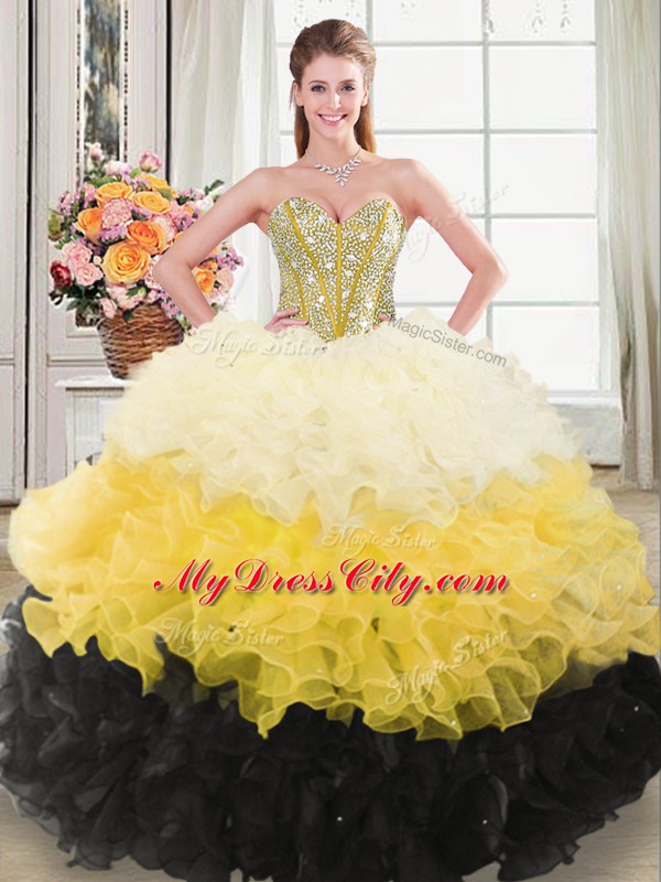 Comfortable Organza Sweetheart Sleeveless Zipper Beading and Ruffles Quinceanera Gown in Multi-color