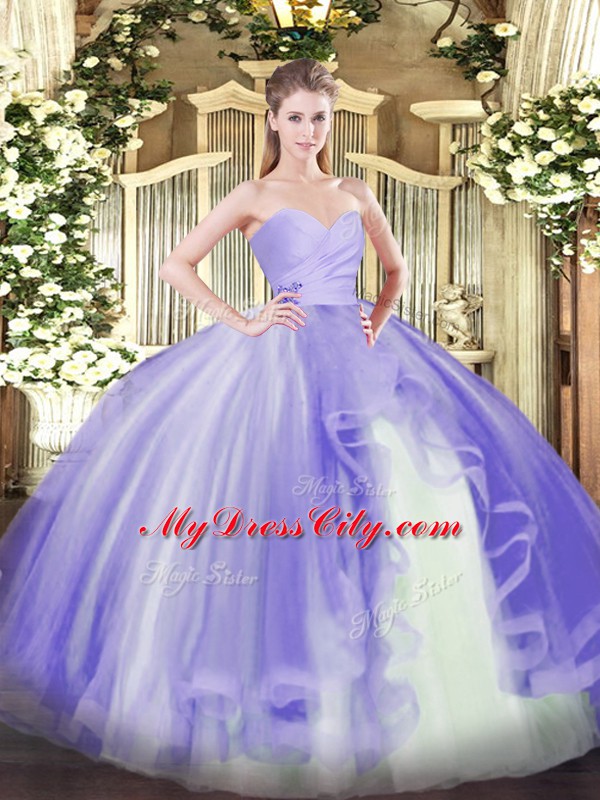 Lavender Tulle Lace Up Sweet 16 Quinceanera Dress Sleeveless Floor Length Ruffles