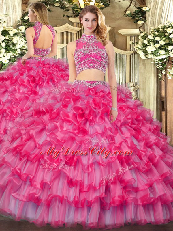 Coral Red Tulle Backless Ball Gown Prom Dress Sleeveless Floor Length Beading and Ruffled Layers