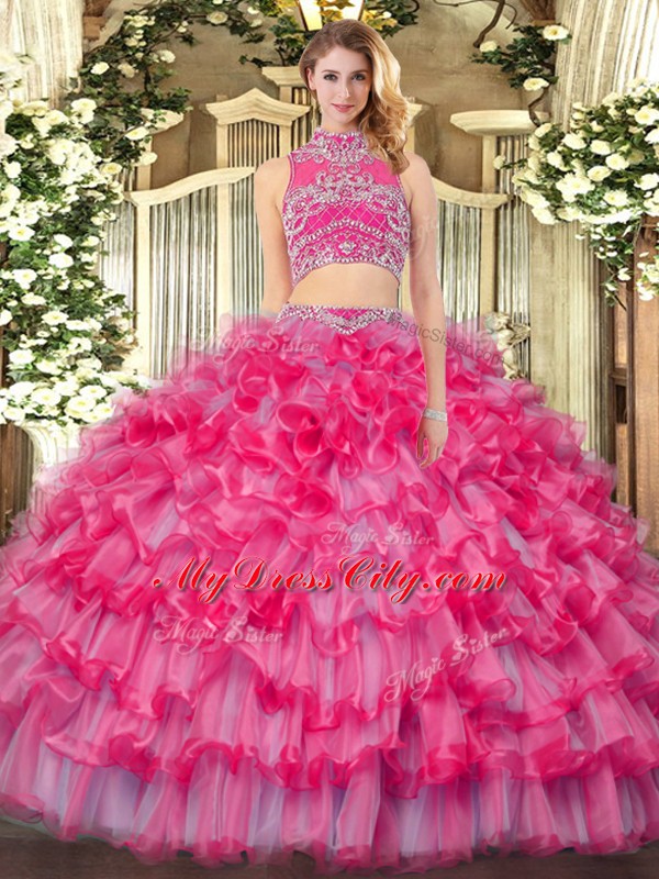 Coral Red Tulle Backless Ball Gown Prom Dress Sleeveless Floor Length Beading and Ruffled Layers