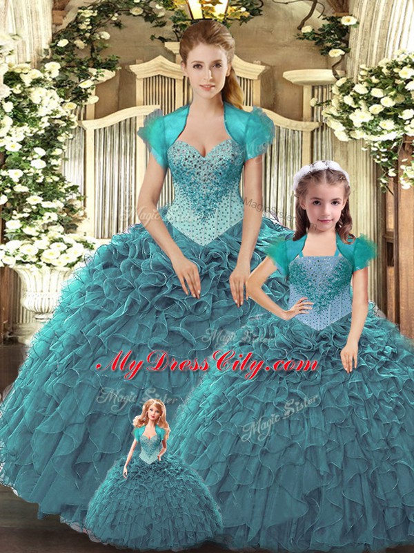 Straps Sleeveless Sweet 16 Quinceanera Dress Floor Length Beading and Ruffles Teal Tulle