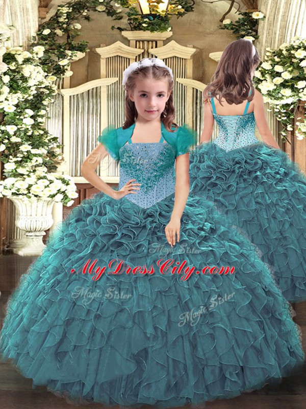 Straps Sleeveless Sweet 16 Quinceanera Dress Floor Length Beading and Ruffles Teal Tulle