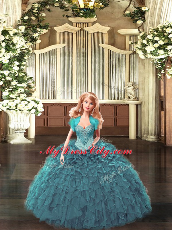 Straps Sleeveless Sweet 16 Quinceanera Dress Floor Length Beading and Ruffles Teal Tulle