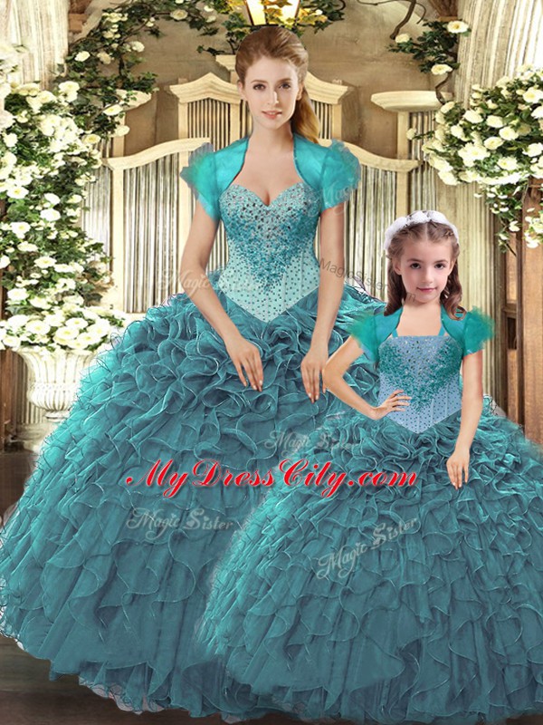 Straps Sleeveless Sweet 16 Quinceanera Dress Floor Length Beading and Ruffles Teal Tulle