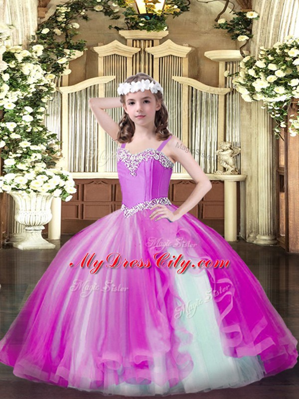 Fuchsia Sleeveless Floor Length Beading Lace Up Little Girl Pageant Gowns