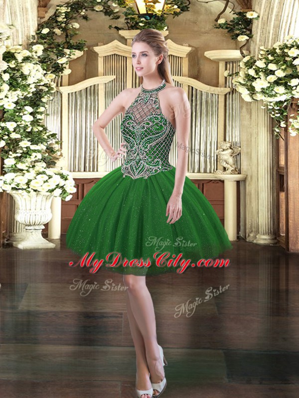 Custom Fit Dark Green Lace Up Halter Top Beading Dress for Prom Tulle Sleeveless