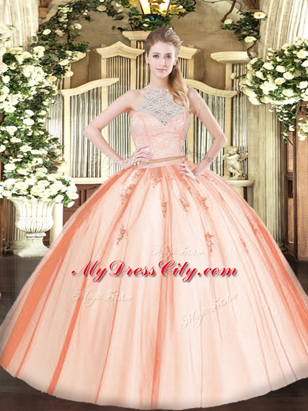 Cheap Orange Two Pieces Scoop Sleeveless Tulle Floor Length Zipper Lace and Appliques Quince Ball Gowns