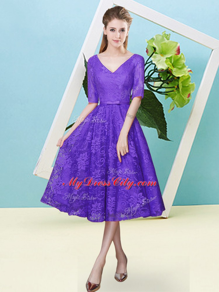 Deluxe Tea Length Purple Bridesmaid Dress Lace Half Sleeves Bowknot