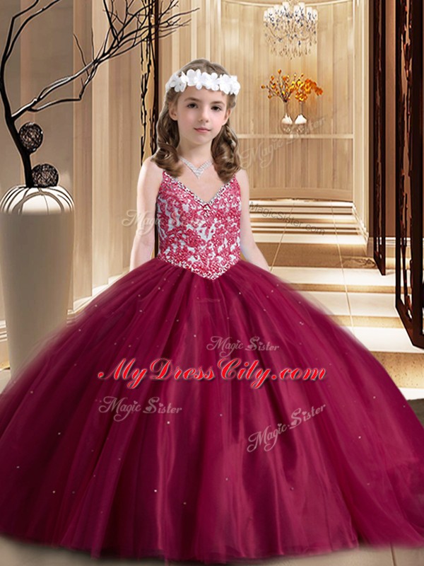 Wine Red Lace Up V-neck Beading and Appliques Little Girls Pageant Dress Wholesale Tulle Sleeveless