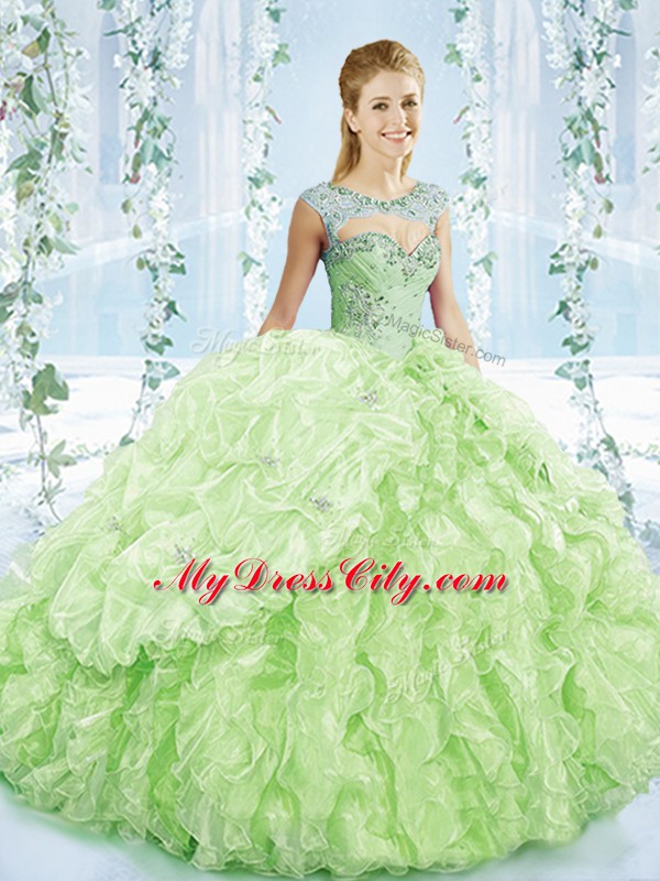 Affordable Organza Sleeveless Sweet 16 Dress Brush Train and Beading and Ruffles and Pick Ups