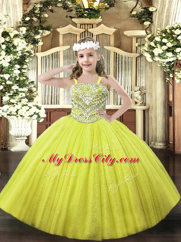 Stylish Floor Length Yellow Little Girl Pageant Dress Straps Sleeveless Lace Up