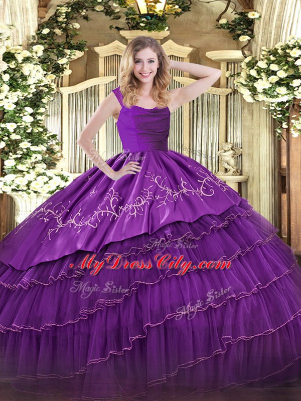 On Sale Floor Length Eggplant Purple Quinceanera Dresses Organza and Taffeta Sleeveless Embroidery and Ruffled Layers