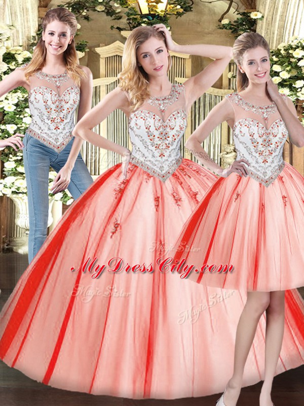 Decent Red Three Pieces Beading Quinceanera Gown Zipper Tulle Sleeveless Floor Length