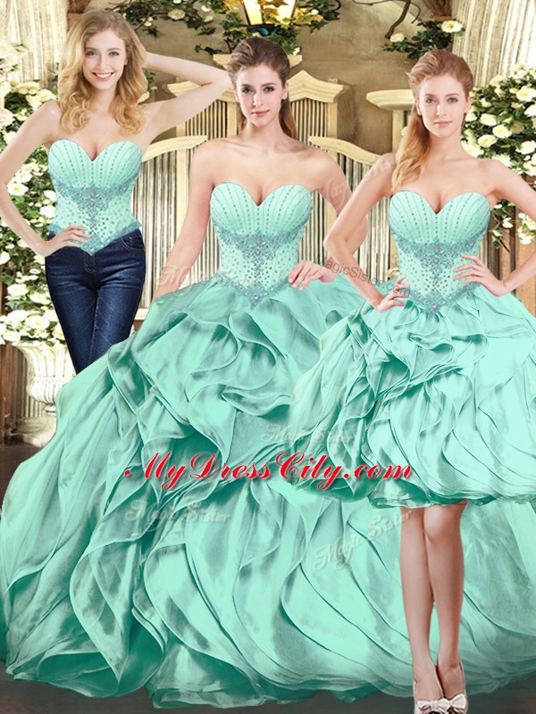 Best Organza Sweetheart Sleeveless Lace Up Beading and Ruffles Quinceanera Dress in Apple Green