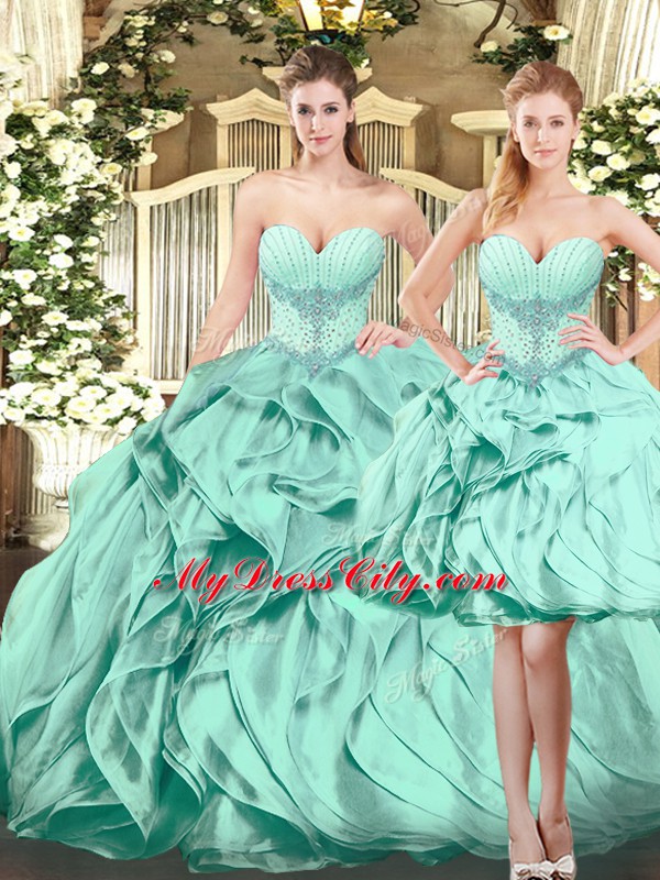 Best Organza Sweetheart Sleeveless Lace Up Beading and Ruffles Quinceanera Dress in Apple Green