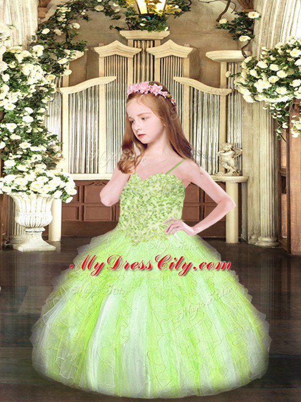 Stylish Floor Length Yellow Green Pageant Dress Toddler Organza Sleeveless Appliques and Ruffles